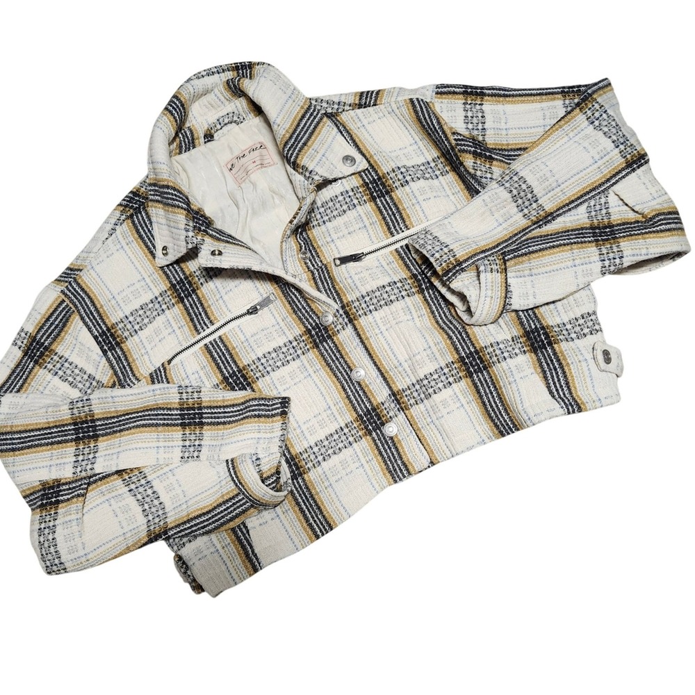We The Free Jacket Cropped Plaid Textured Woven Boho Cream Yellow Black Medium